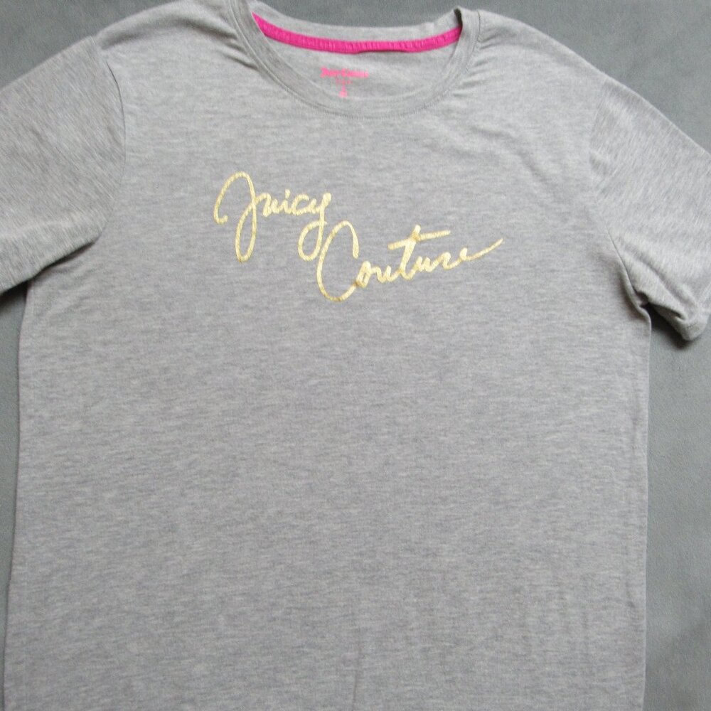 Juicy Couture Womens Small Top Gray Gold Script Logo Short Sleeve Casual Outdoor